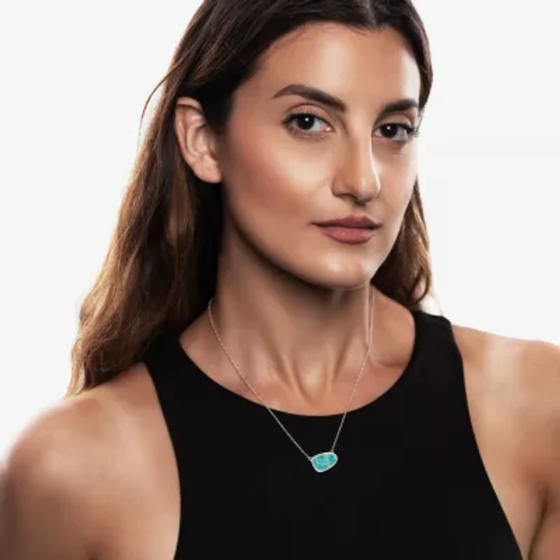 Silver Treasures Genuine Stone Womens Green Amazonite Sterling Silver Oval 18 Inch Pendant Necklace