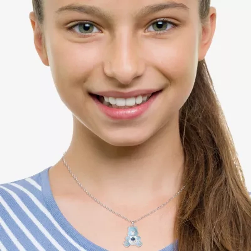Grumpy Bear Womens Blue Crystal Pure Silver Over Brass 16 Inch Pendant Necklace