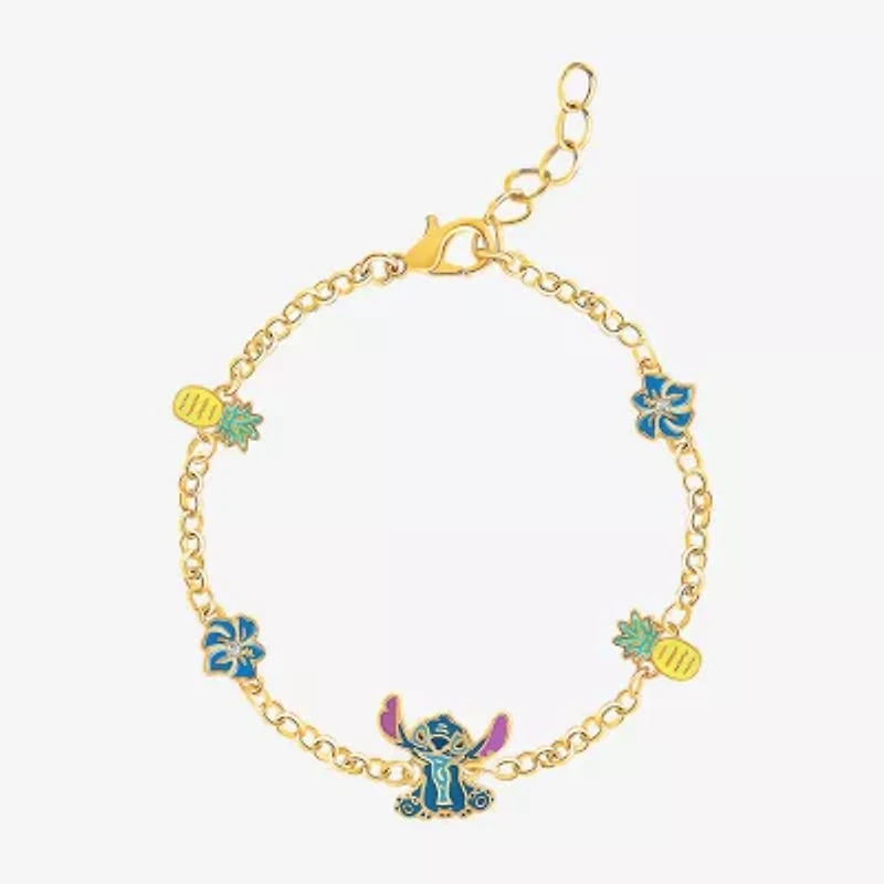 Disney Classics Womens Crystal 18K Gold Over Brass Flower Lilo & Stitch Charm Bracelet