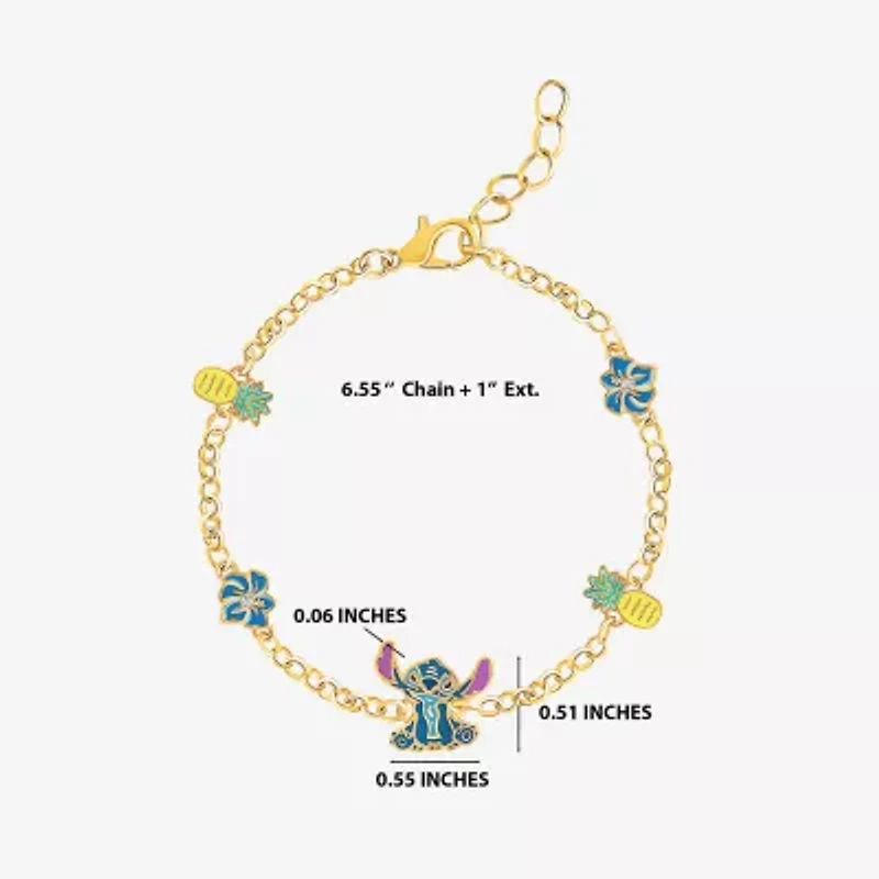 Disney Classics Womens Crystal 18K Gold Over Brass Flower Lilo & Stitch Charm Bracelet