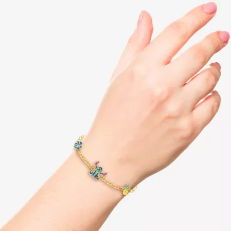 Disney Classics Womens Crystal 18K Gold Over Brass Flower Lilo & Stitch Charm Bracelet
