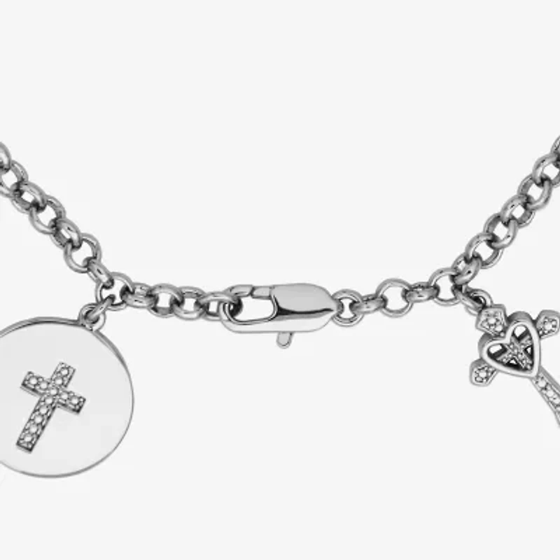 Sparkle Allure Womens Natural Diamond Accent Pure Silver Over Bronze Angel Cross Heart Charm Bracelet