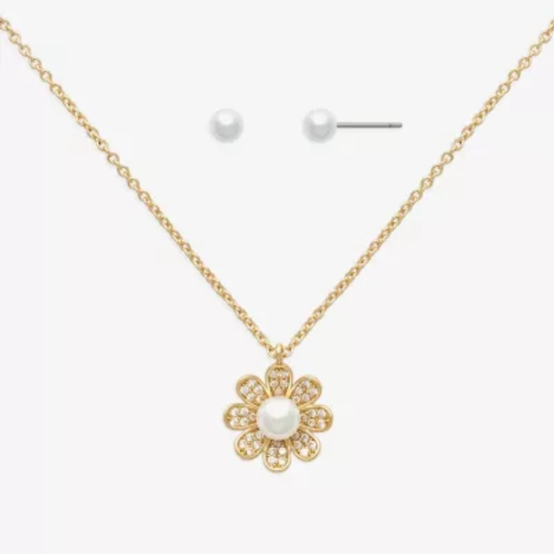 Mixit Womens Cubic Zirconia Simulated Pearl Flower Hypoallergenic 2-pc. Jewelry Set