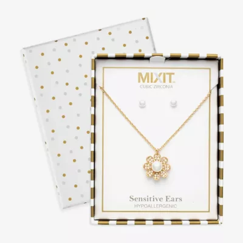 Mixit Womens Cubic Zirconia Simulated Pearl Flower Hypoallergenic 2-pc. Jewelry Set