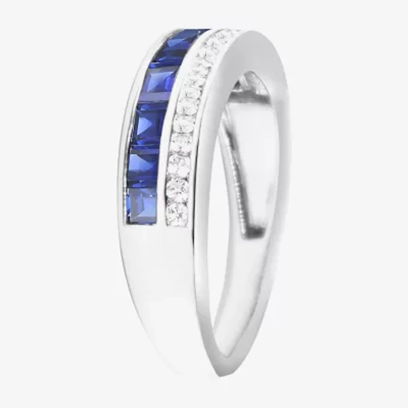 Womens Lab Created Blue Sapphire Sterling Silver Side Stone Band