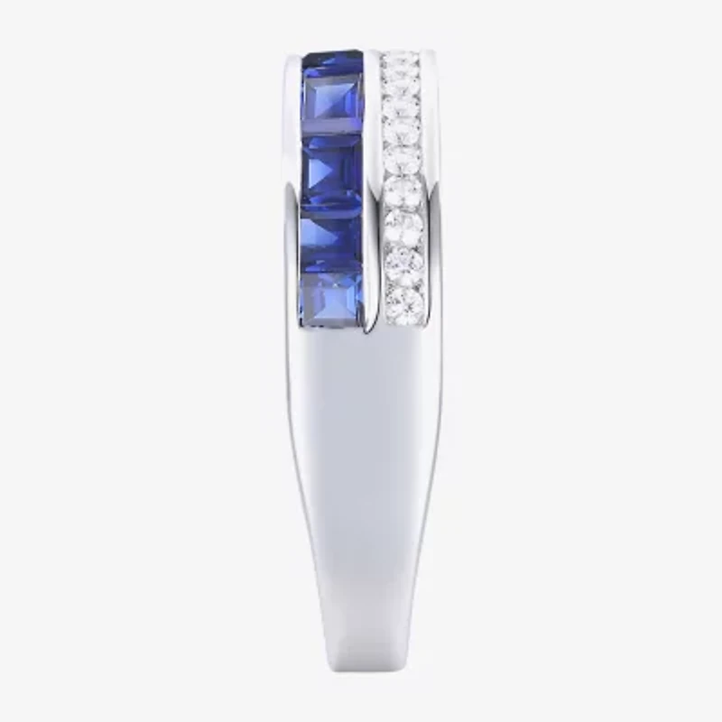 Womens Lab Created Blue Sapphire Sterling Silver Side Stone Band