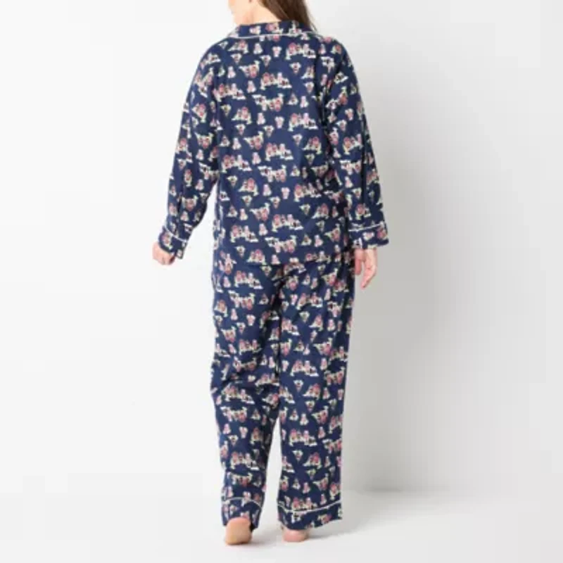 Liz Claiborne Womens Flannel Long Sleeve 2-pc. Plus Pajama Sets