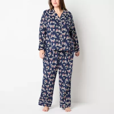 Liz Claiborne Womens Flannel Long Sleeve 2-pc. Plus Pajama Sets
