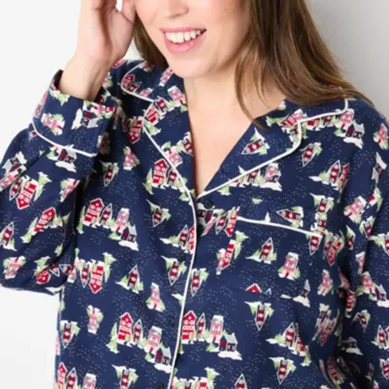 Liz Claiborne Womens Flannel Long Sleeve 2-pc. Plus Pajama Sets