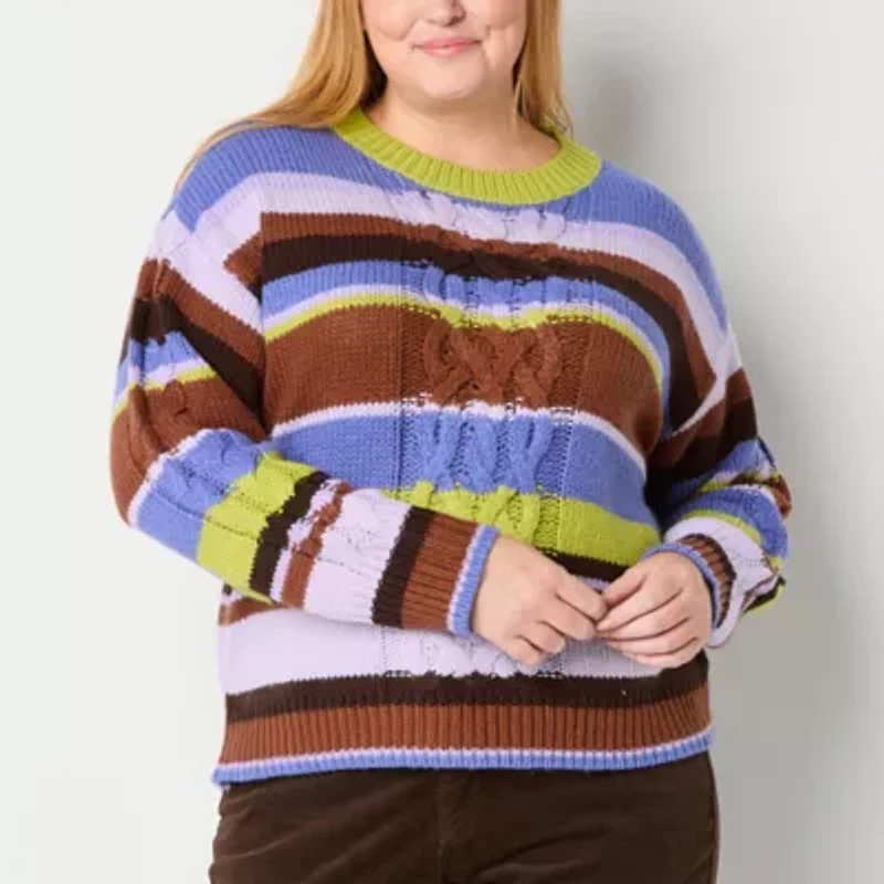 St. John's Bay Plus Womens Crew Neck Long Sleeve Cable Knit Pullover Sweater