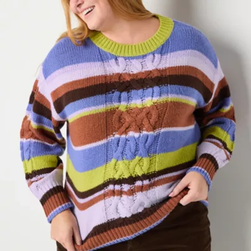 St. John's Bay Plus Womens Crew Neck Long Sleeve Cable Knit Pullover Sweater