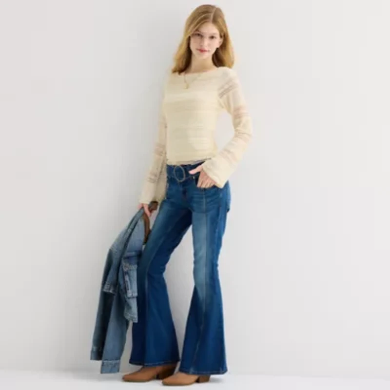 Arizona Womens Crew Neck Long Sleeve Juniors Layered Top