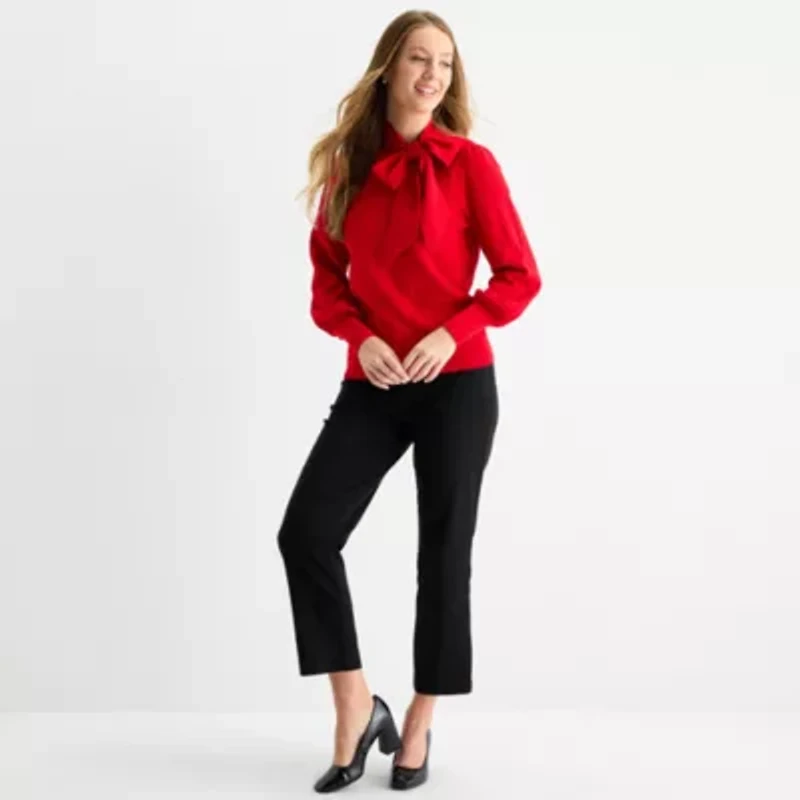 Liz Claiborne Womens Split Tie Neck Long Sleeve Pullover Sweater