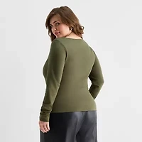 Ashley Graham Wire Notch Womens Plus Scoop Neck Long Sleeve T-Shirt