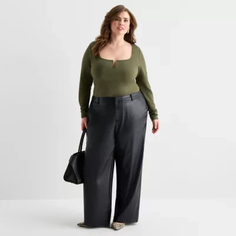 Ashley Graham Wire Notch Womens Plus Scoop Neck Long Sleeve T-Shirt