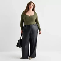 Ashley Graham Wire Notch Womens Plus Scoop Neck Long Sleeve T-Shirt