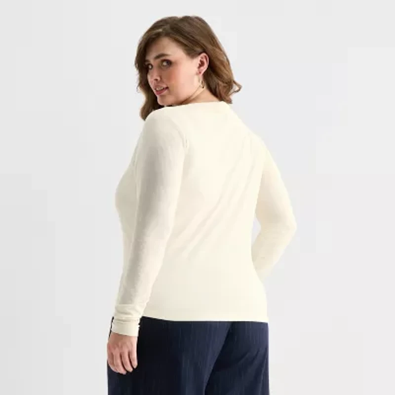 Ashley Graham Fine Rib Womens Plus Asymmetrical Neck Long Sleeve T-Shirt