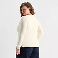 Ashley Graham Fine Rib Womens Plus Asymmetrical Neck Long Sleeve T-Shirt