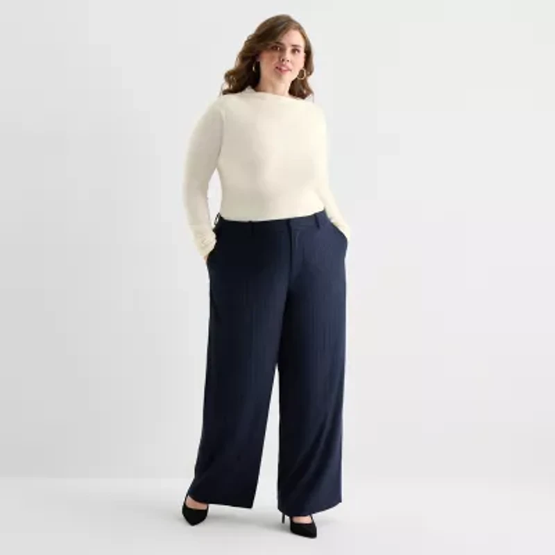 Ashley Graham Fine Rib Womens Plus Asymmetrical Neck Long Sleeve T-Shirt