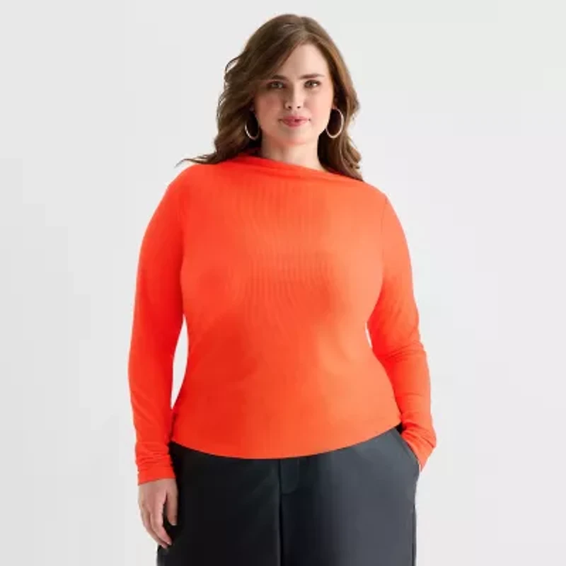 Ashley Graham Fine Rib Womens Plus Asymmetrical Neck Long Sleeve T-Shirt
