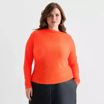 Ashley Graham Fine Rib Womens Plus Asymmetrical Neck Long Sleeve T-Shirt