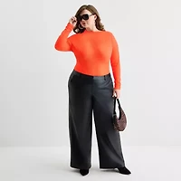 Ashley Graham Fine Rib Womens Plus Asymmetrical Neck Long Sleeve T-Shirt