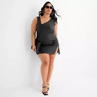 Ashley Graham Mini Womens Plus Sleeveless Faux Leather Sheath Dress