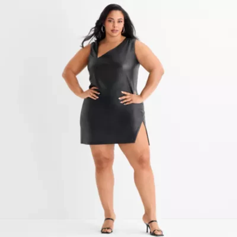 Ashley Graham Mini Womens Plus Sleeveless Faux Leather Sheath Dress
