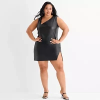 Ashley Graham Mini Womens Plus Sleeveless Faux Leather Sheath Dress