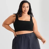 Ashley Graham Ribbed Womens Plus Square Neck Sleeveless Crop Top