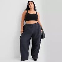 Ashley Graham Ribbed Womens Plus Square Neck Sleeveless Crop Top