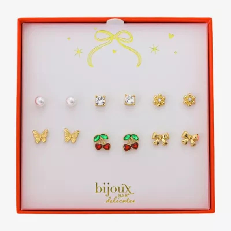 Bijoux Bar Delicates Gold Tone Womens Red Glass Bow Butterfly Cherries 6 Pair Earring Set