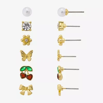 Bijoux Bar Delicates Gold Tone Womens Red Glass Bow Butterfly Cherries 6 Pair Earring Set