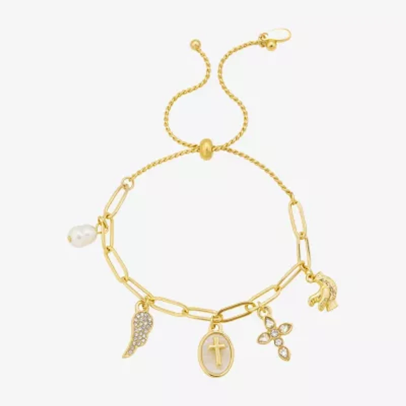 Bijoux Bar Delicates Gold Tone Womens Glass Cross Wing Charm Bracelet