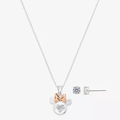 Disney Classics Womens Cubic Zirconia 14k Rose Gold Over Brass Pure Silver Over Brass Bow Minnie Mouse 2-pc. Jewelry Set