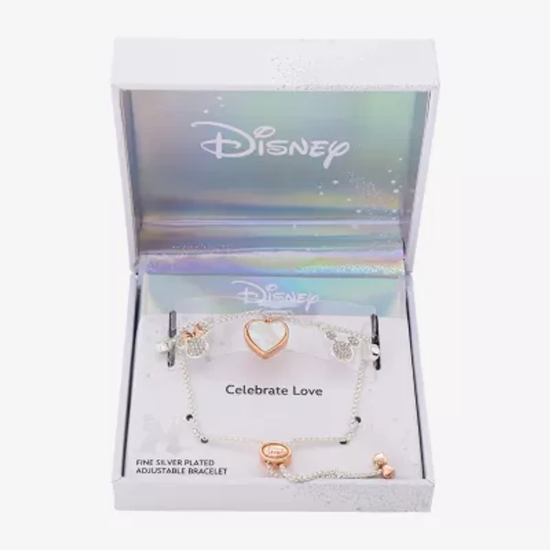 Disney Classics Womens Crystal 14k Rose Gold Over Brass Pure Silver Over Brass Mickey Mouse Minnie Mouse Charm Bracelet