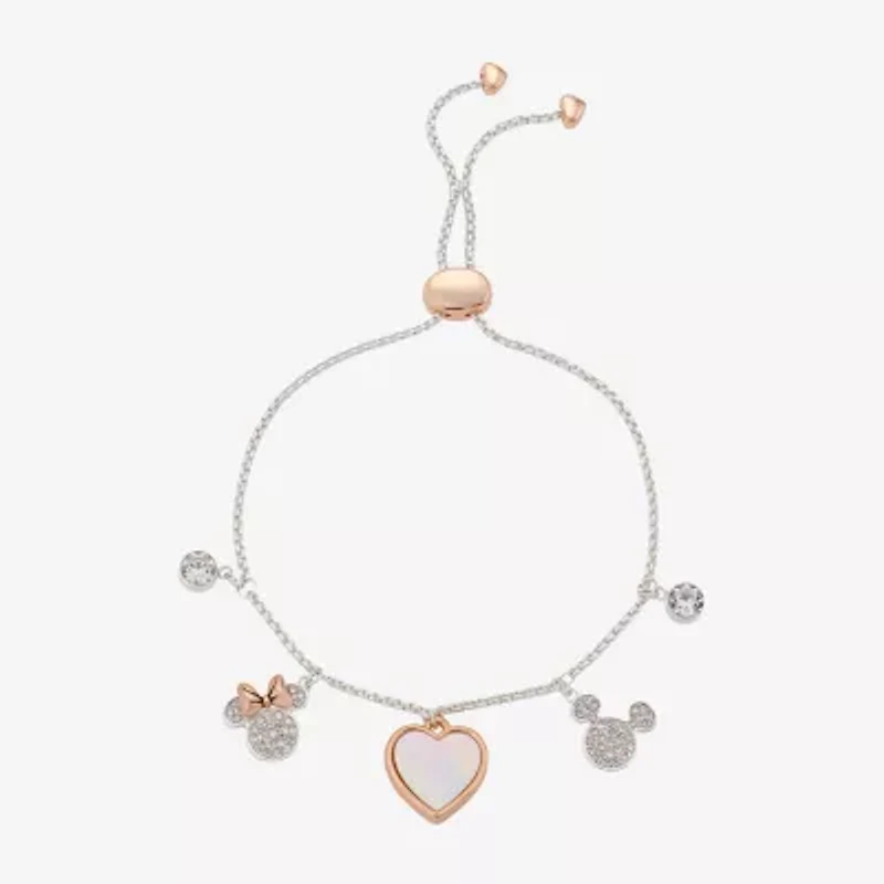 Disney Classics Womens Crystal 14k Rose Gold Over Brass Pure Silver Over Brass Mickey Mouse Minnie Mouse Charm Bracelet