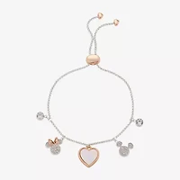 Disney Classics Womens Crystal 14k Rose Gold Over Brass Pure Silver Over Brass Mickey Mouse Minnie Mouse Charm Bracelet