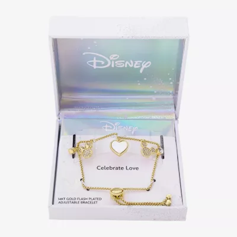 Disney Classics Womens Crystal 10K Gold Over Brass Heart Mickey Mouse Minnie Mouse Charm Bracelet