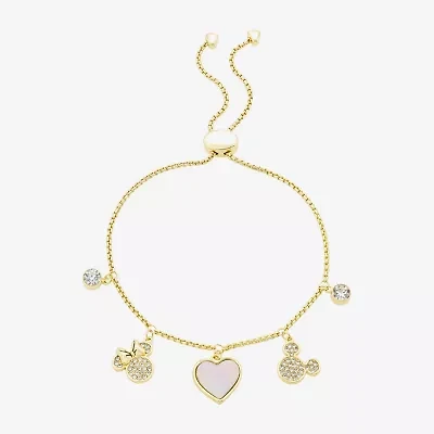 Disney Classics Womens Crystal 10K Gold Over Brass Heart Mickey Mouse Minnie Mouse Charm Bracelet