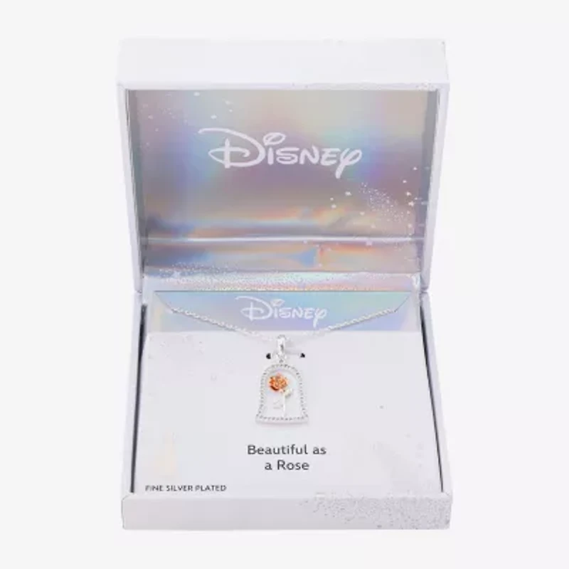 Disney Classics Beauty And The Beast Womens Cubic Zirconia 14k Rose Gold Over Brass Pure Silver Over Brass 18 Inch Pendant Necklace