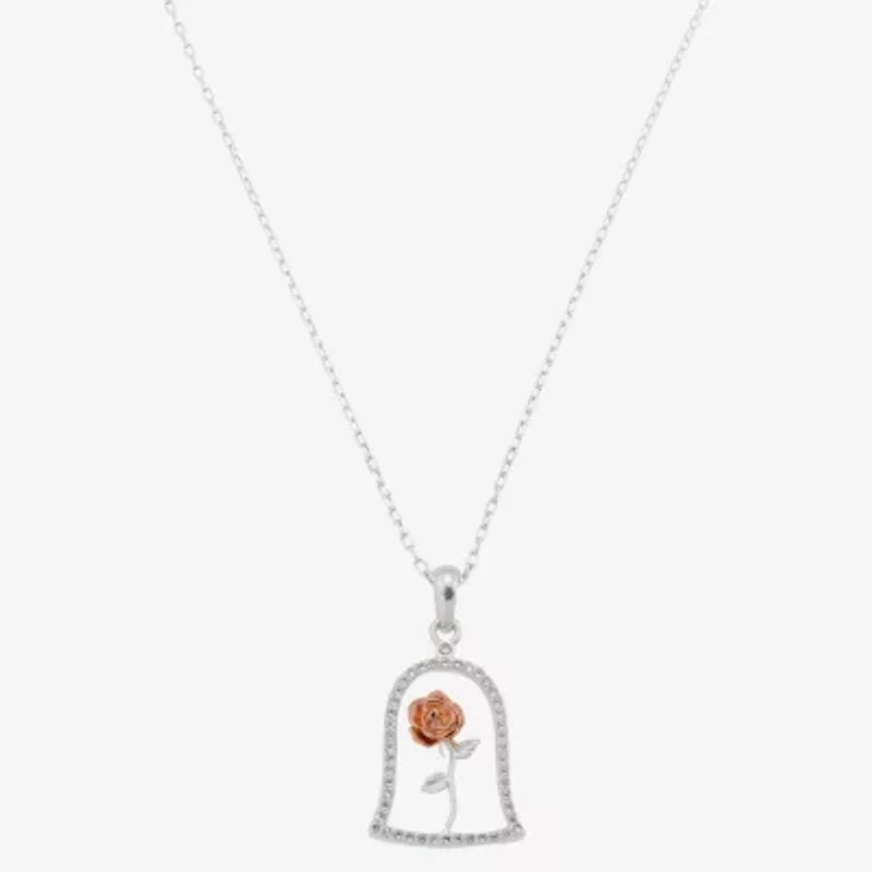 Disney Classics Beauty And The Beast Womens Cubic Zirconia 14k Rose Gold Over Brass Pure Silver Over Brass 18 Inch Pendant Necklace