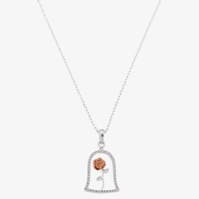 Disney Classics Beauty And The Beast Womens Cubic Zirconia 14k Rose Gold Over Brass Pure Silver Over Brass 18 Inch Pendant Necklace