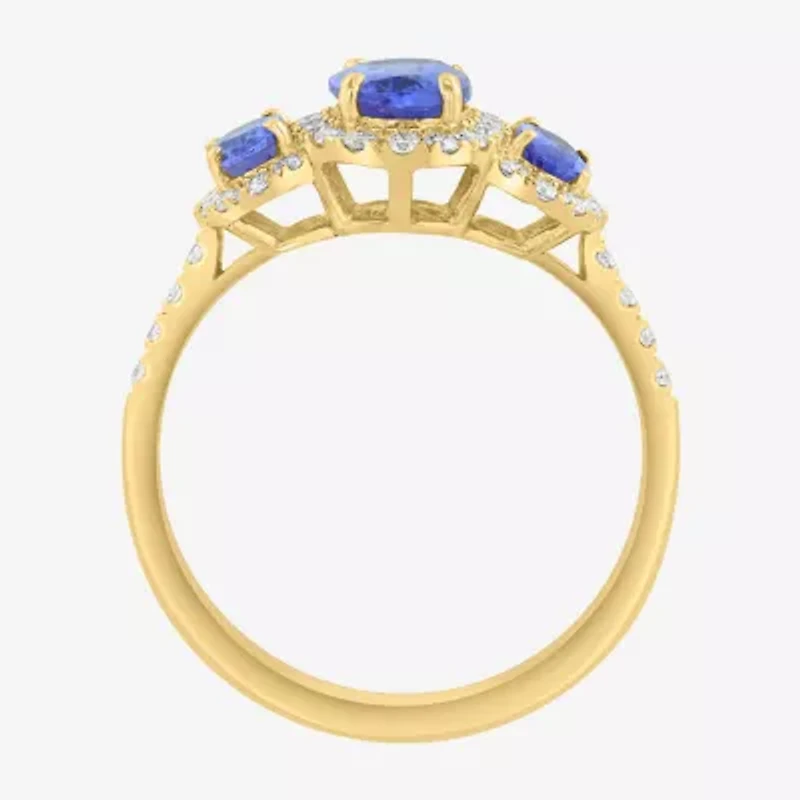 Effy Final Call Womens 1/4 CT. T.W. Genuine Blue Tanzanite 14K Gold Oval Halo 3-Stone Cocktail Ring