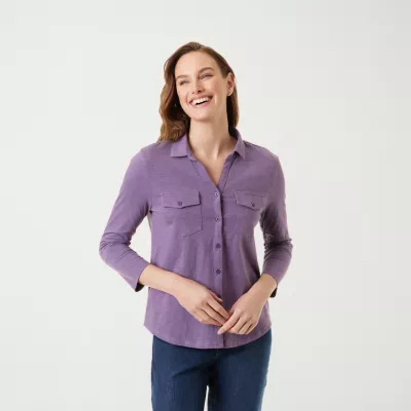 Gloria Vanderbilt Womens 3/4 Sleeve Regular Fit Button-Down Shirt