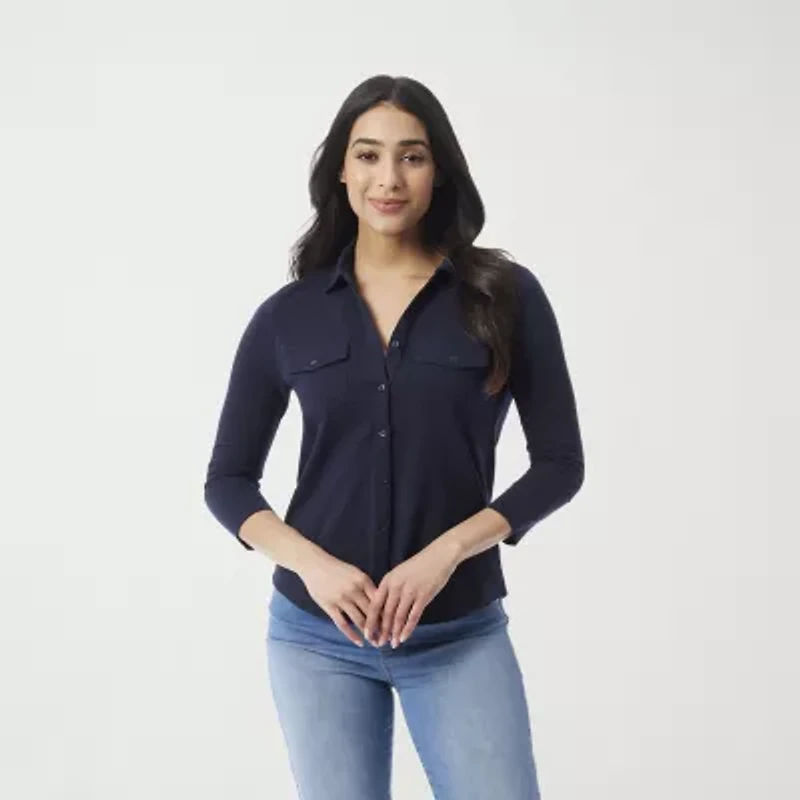Gloria Vanderbilt Womens 3/4 Sleeve Regular Fit Button-Down Shirt