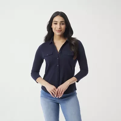 Gloria Vanderbilt Womens 3/4 Sleeve Regular Fit Button-Down Shirt