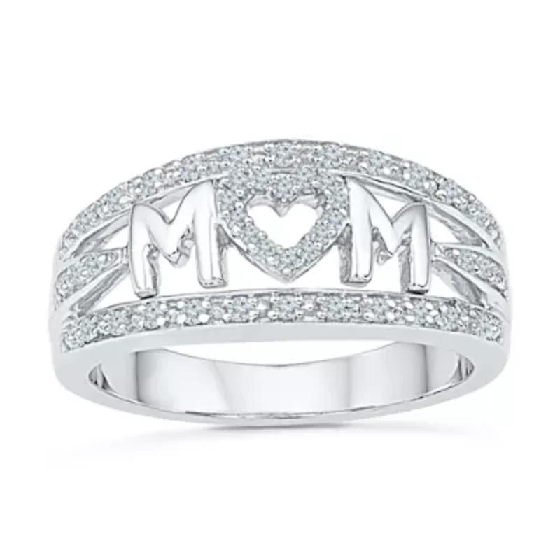 "Mom" Womens 2MM 1/5 CT. Natural White Diamond 10K Gold Heart Band