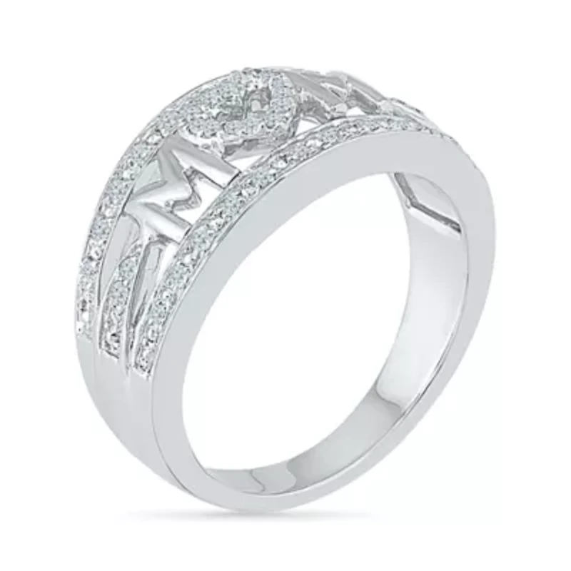 "Mom" Womens 2MM 1/5 CT. Natural White Diamond 10K Gold Heart Band