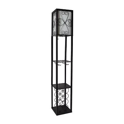 Simple Designs Floor Lamp Etagere Organizer Storage Shelf and Wine Rack with Linen Shade